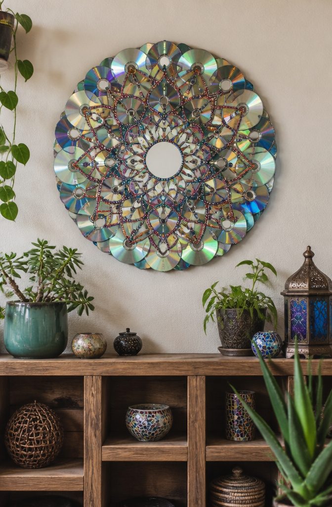 25 DIY CD Decor Ideas for Walls, Desks and Home Corners 2 Mandala wall art made from multiple decorated CDs and mirrors.