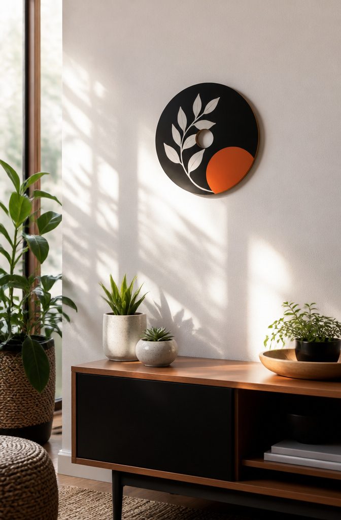 25 DIY CD Decor Ideas for Walls, Desks and Home Corners 11 CD art with black leaves and a burnt orange sun on a wall.