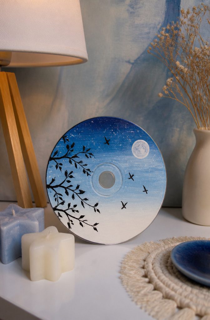 25 DIY CD Decor Ideas for Walls, Desks and Home Corners 15 CD painting showing a night sky with branches and birds.