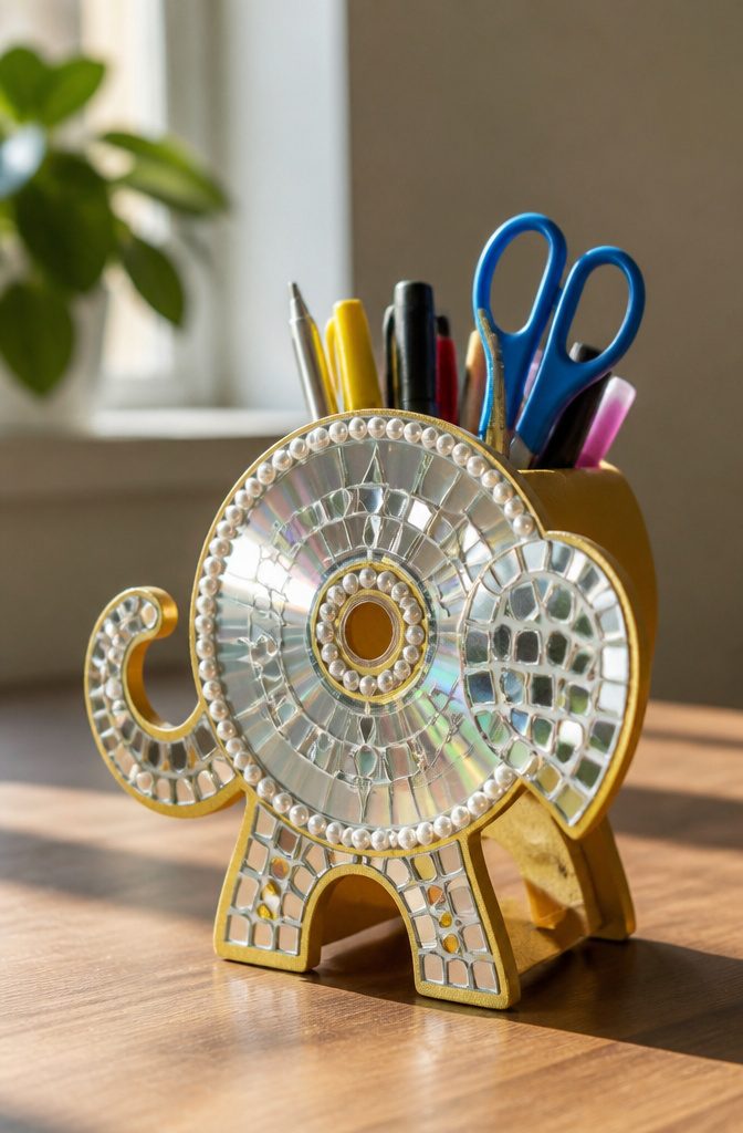 25 DIY CD Decor Ideas for Walls, Desks and Home Corners 9 Elephant organizer made from a CD and decorative tiles.