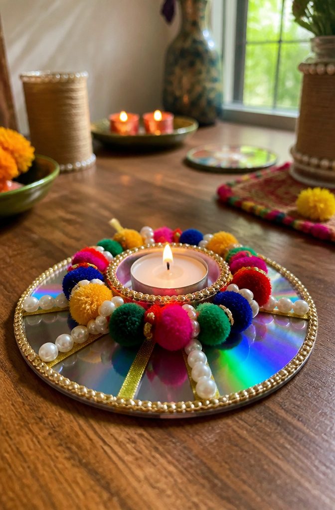 25 DIY CD Decor Ideas for Walls, Desks and Home Corners 1 Diya made from a CD, pom-poms, and a tealight candle.