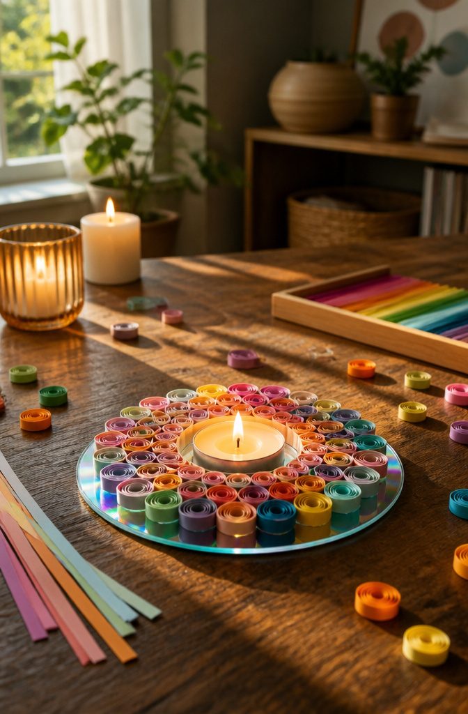 25 DIY CD Decor Ideas for Walls, Desks and Home Corners 10 Tealight holder made with quilled paper rings on a CD.