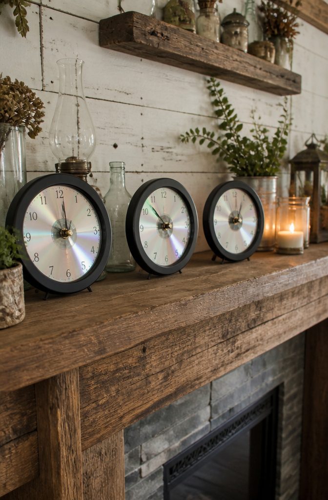 25 DIY CD Decor Ideas for Walls, Desks and Home Corners 22 Clocks made from CDs with painted rims and decorative numbers.