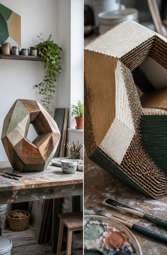 A sculptural cardboard piece made with papier mache technique.