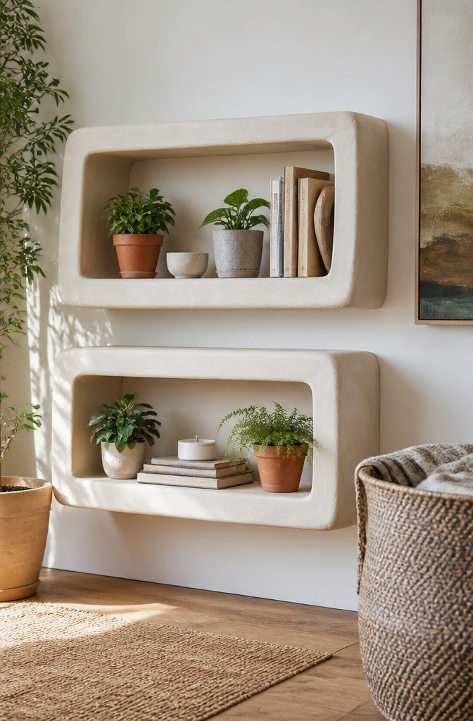 Small shelves made from layered cardboard and plaster.
