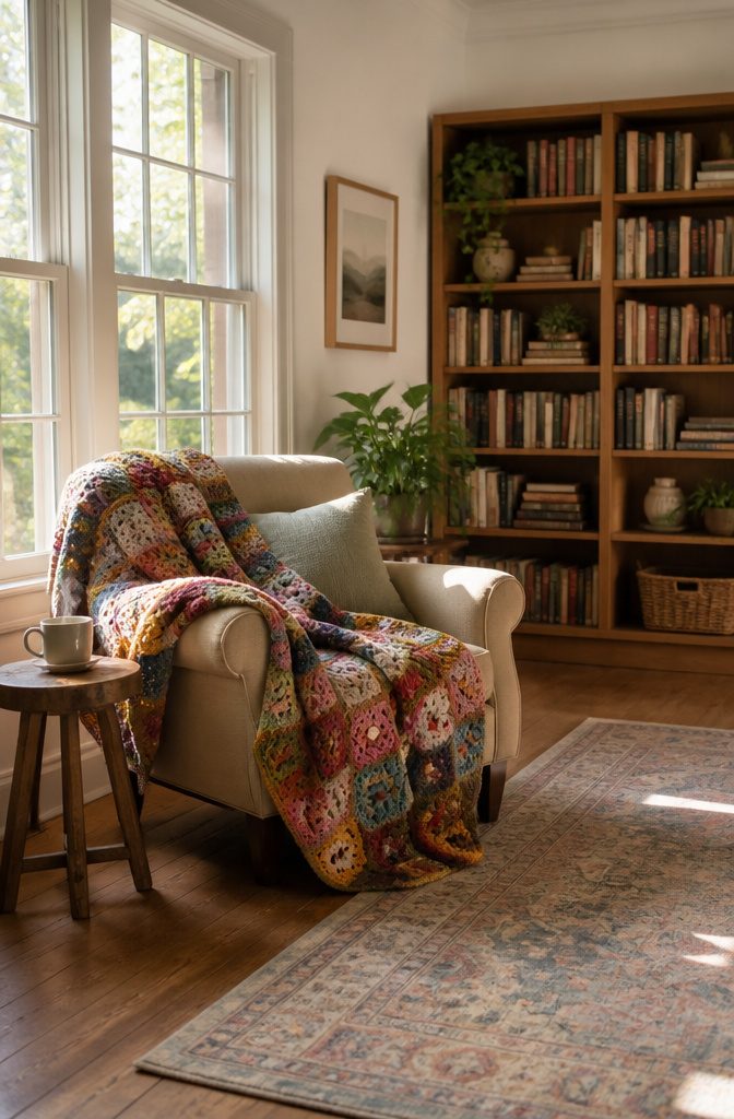 A handmade crochet scrap blanket with various colored yarns.