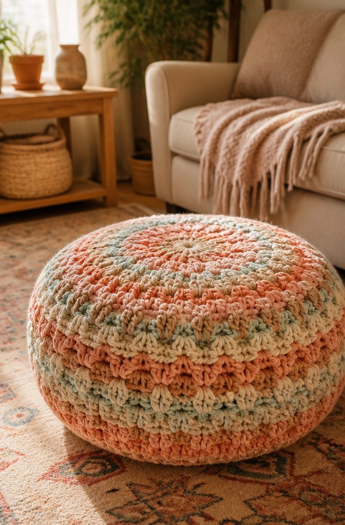 A soft crocheted pouf made from colorful chenille yarn.