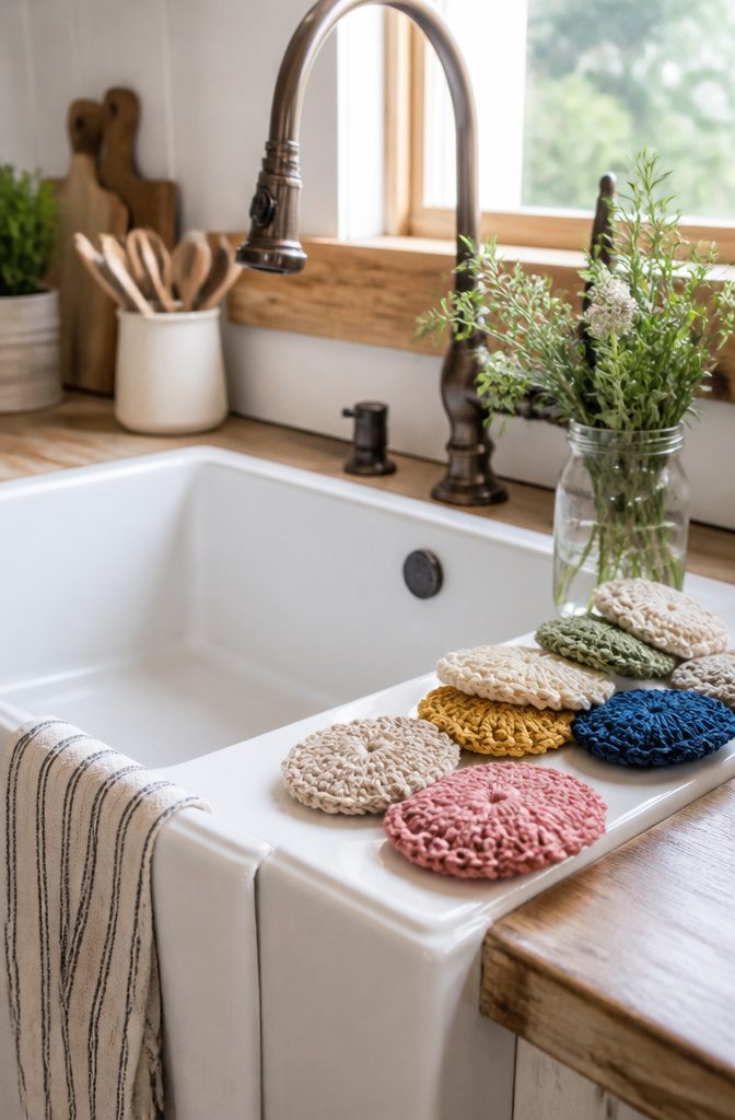 A set of vibrant crocheted scrubbies on a farmhouse-style sink.