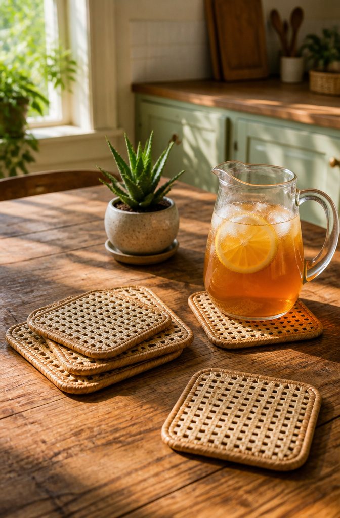 A set of cane webbing coasters arranged on a wooden table.
