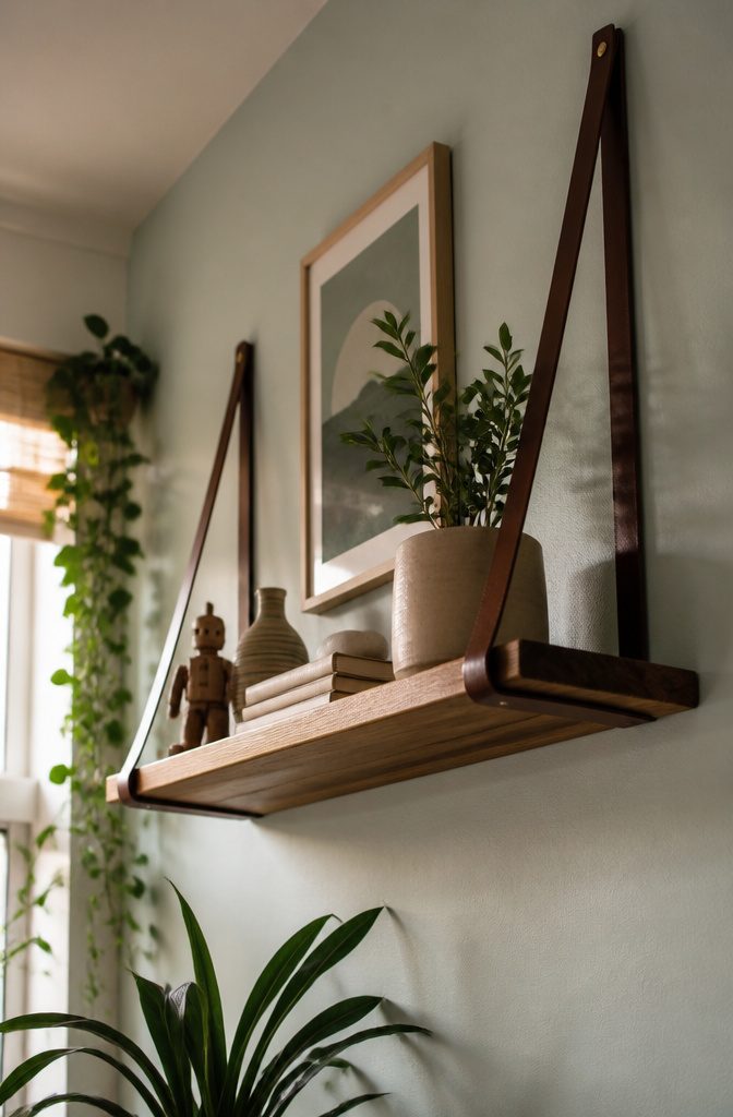 A simple hanging shelf supported by leather straps.