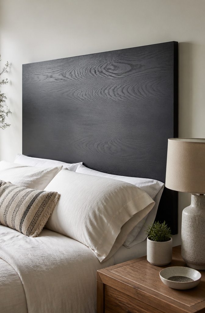 A simple plywood headboard mounted on a wall.