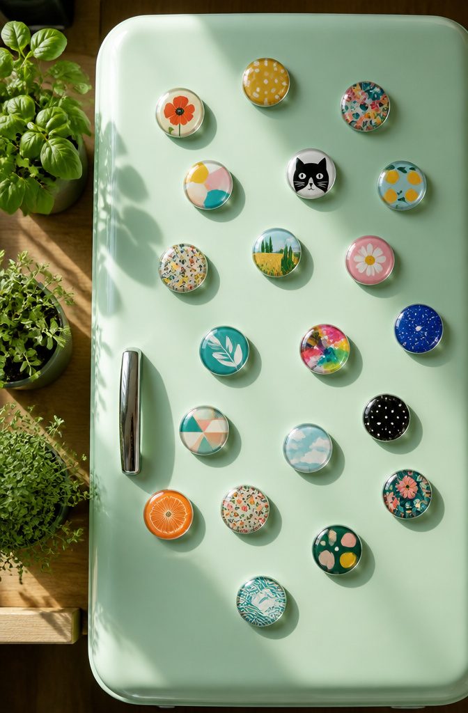 Homemade magnets made from artwork displayed on a fridge.