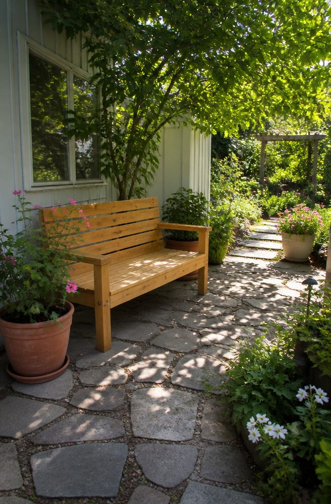 A wooden bench built from 2x4 lumber on a patio.