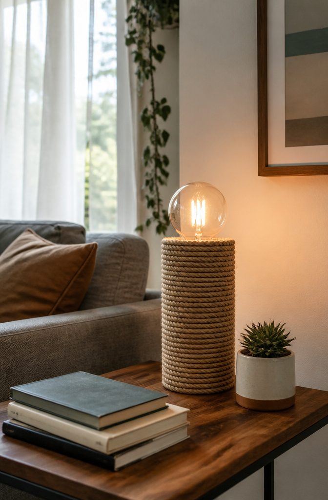 A rope-wrapped table lamp sitting on a side table.