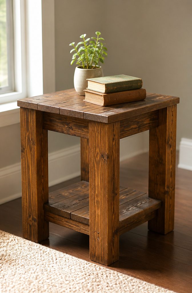 A sturdy wooden end table crafted from 2x4s.