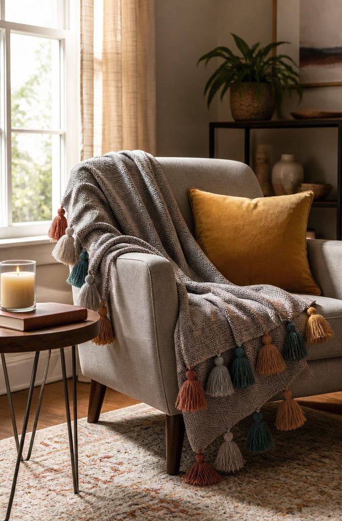 A cozy throw blanket with tassels on an armchair.