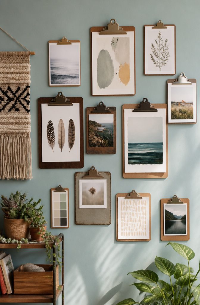 A gallery wall with vintage clipboards holding various prints.