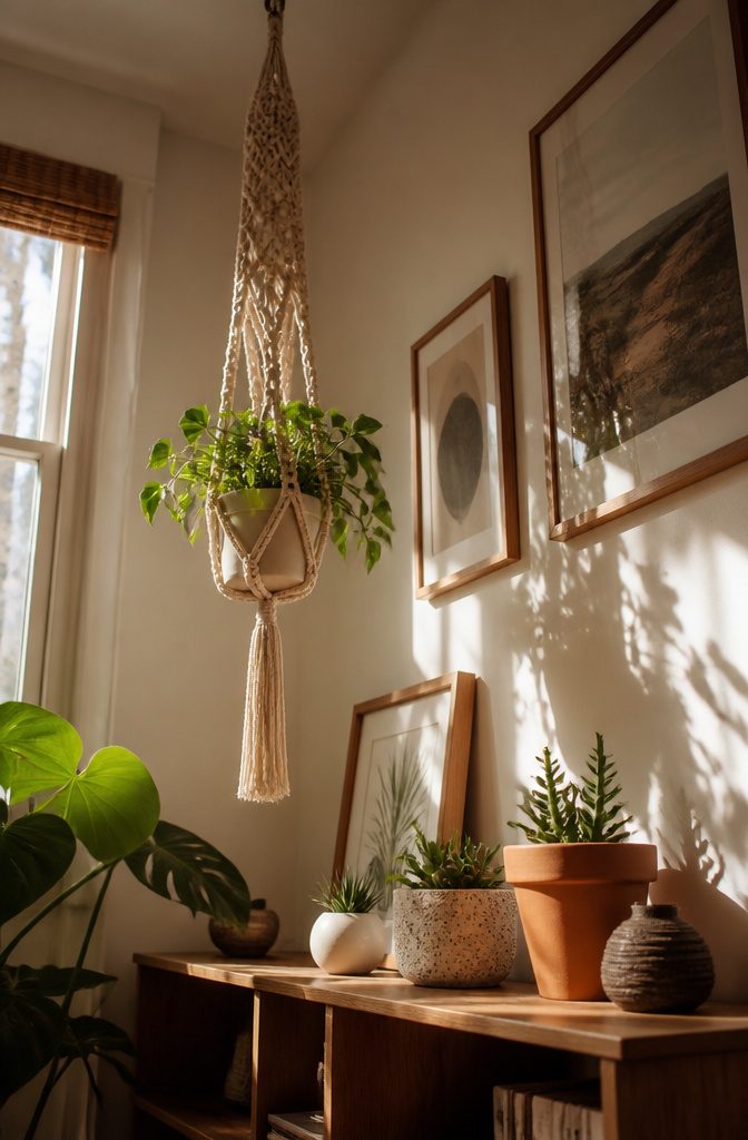 A macrame plant hanger holding a flower pot.