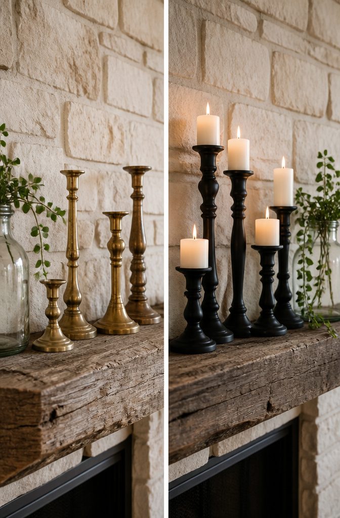 A set of painted candlesticks in different shapes and sizes.