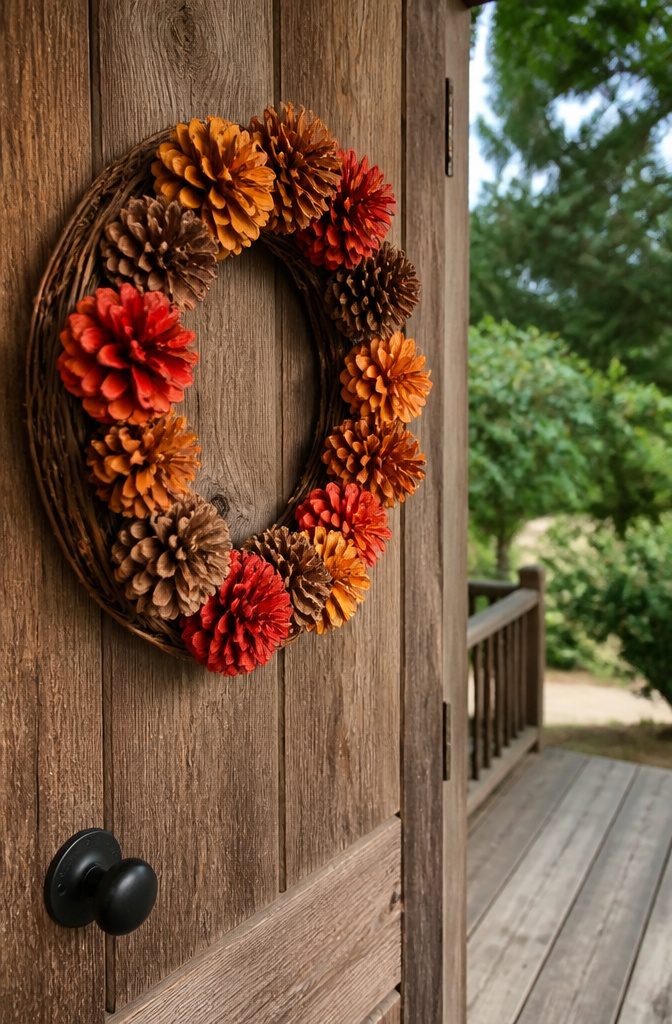 A vibrant painted pinecone wreath on a rustic wooden door.