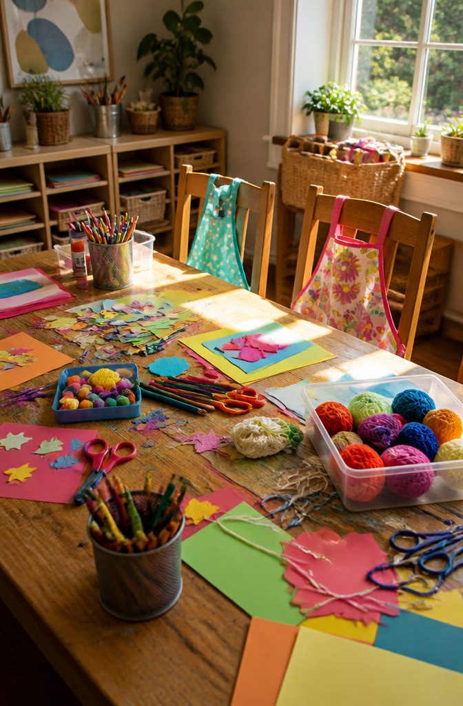 7 Easy DIY Creative Craft Ideas for Adults, Kids and Home 8 A colorful craft table with supplies for kids' activities.