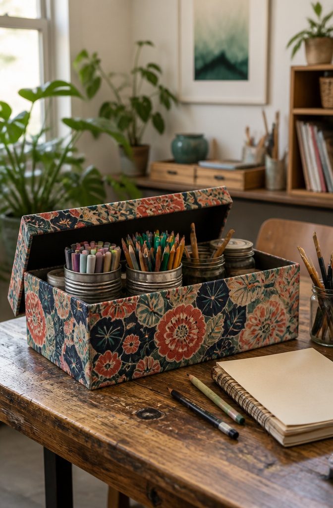 7 Easy DIY Creative Craft Ideas for Adults, Kids and Home 6 A colorful fabric-wrapped shoebox used for organizing art supplies.