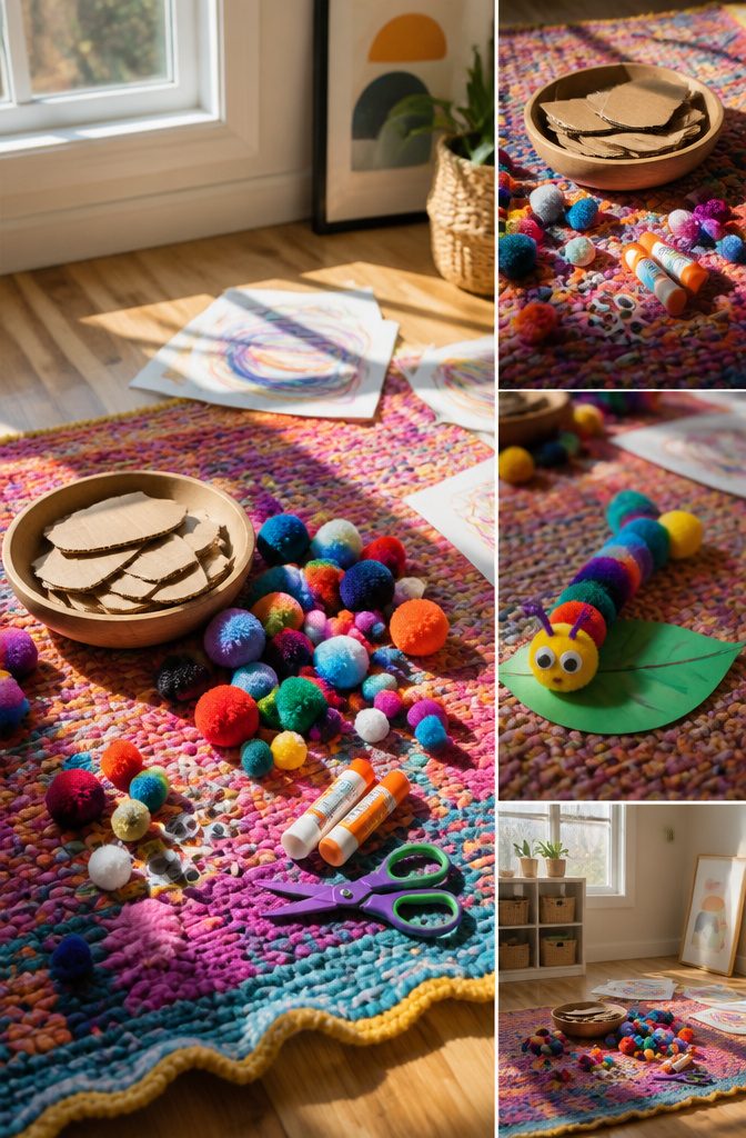 7 Easy DIY Creative Craft Ideas for Adults, Kids and Home 3 Colorful pom pom caterpillars made from craft supplies.