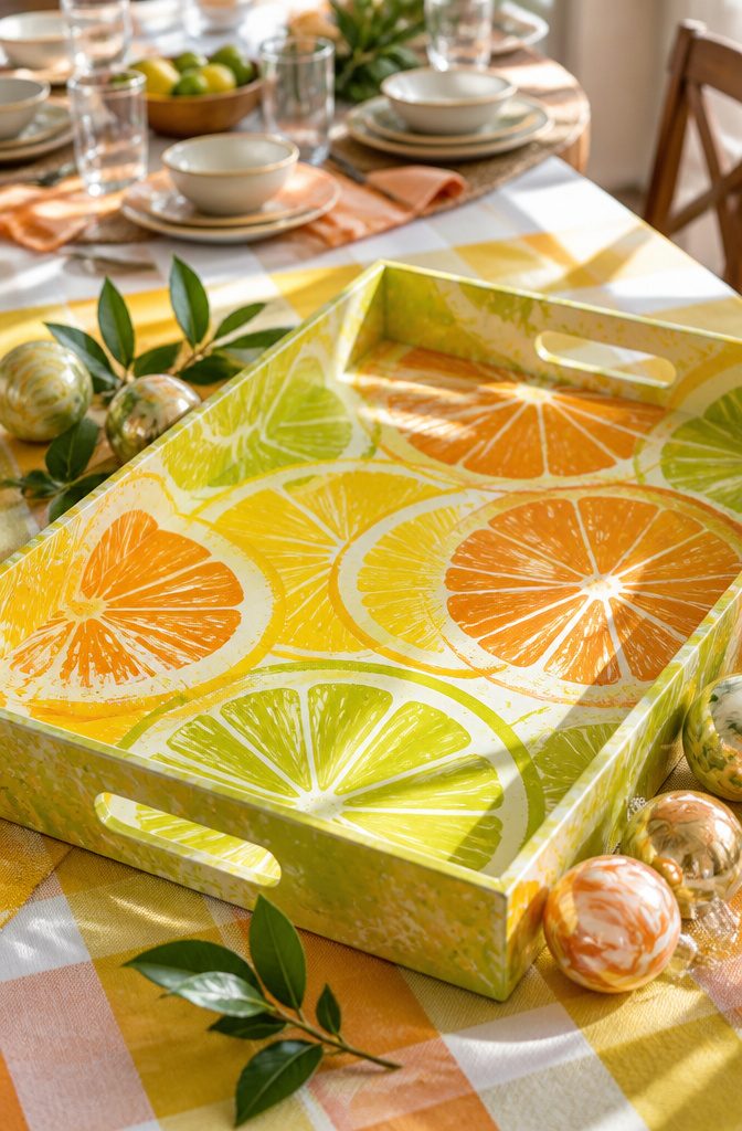 7 Easy DIY Creative Craft Ideas for Adults, Kids and Home 2 A colorful painted citrus serving tray displayed on a table.