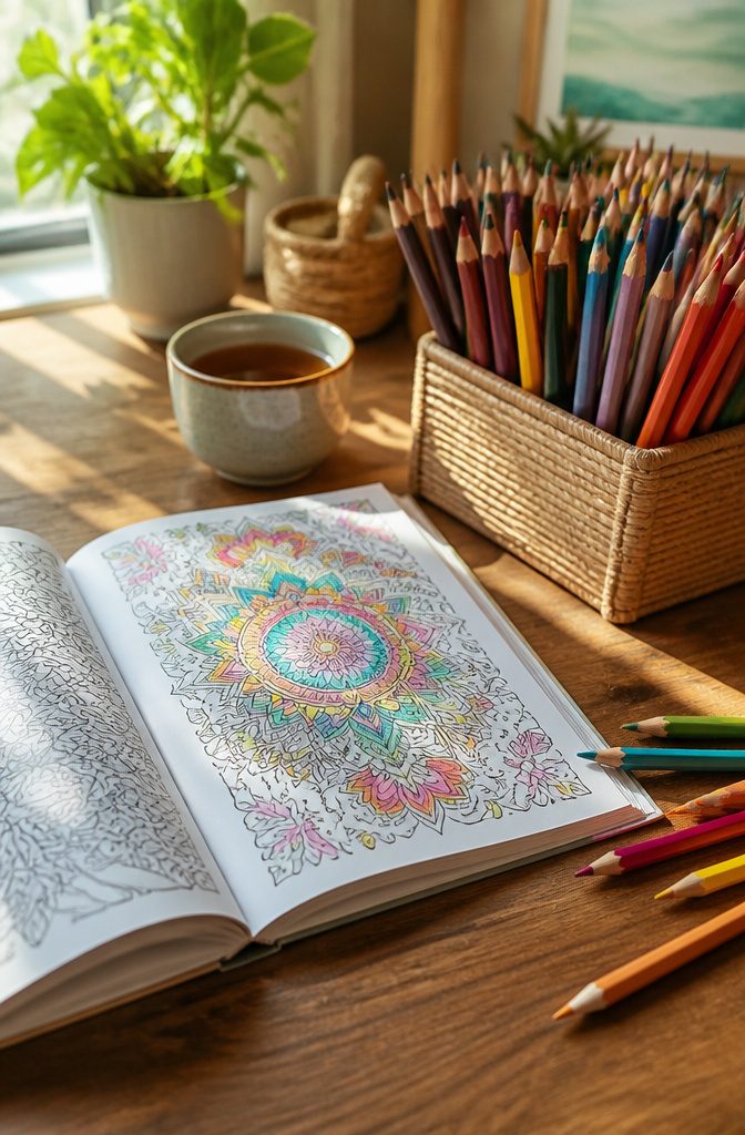 7 Easy DIY Creative Craft Ideas for Adults, Kids and Home 7 Various coloring materials and a knitting project set up on a table.