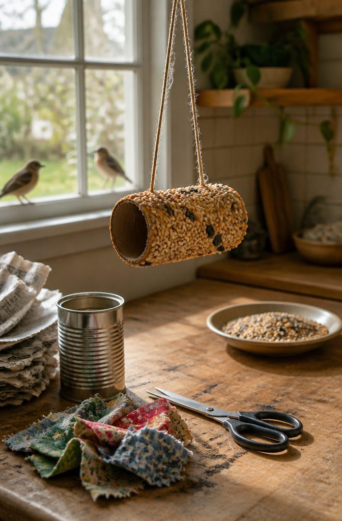 7 Easy DIY Creative Craft Ideas for Adults, Kids and Home 4 A bird feeder made from a toilet paper roll coated in peanut butter and birdseed.