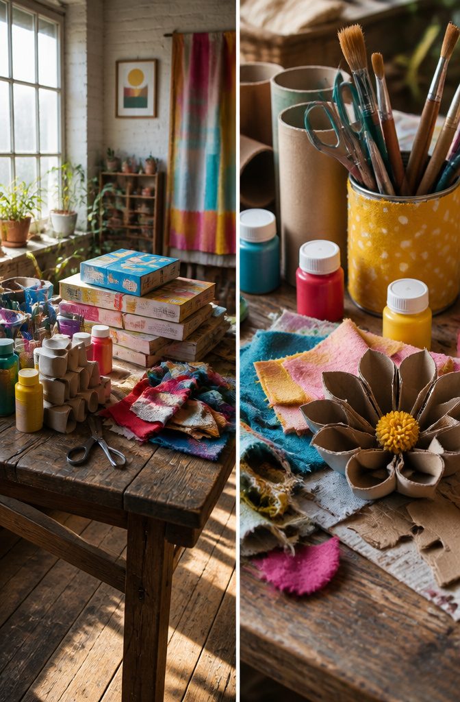7 Easy DIY Creative Craft Ideas for Adults, Kids and Home 10 A collection of paper, fabric scraps, and recyclables ready for crafting.