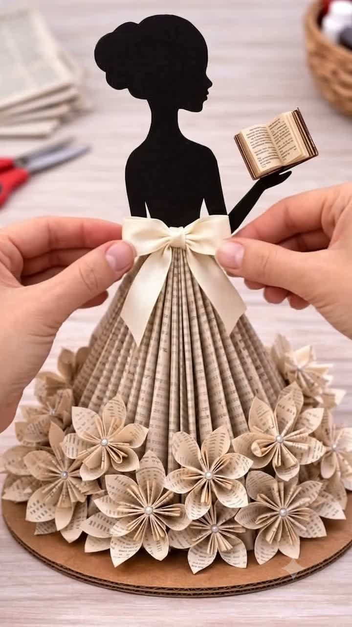 23 DIY Decor with Paper Projects for Every Room 17 Paper sculpture of a woman with a pleated book page dress and flowers