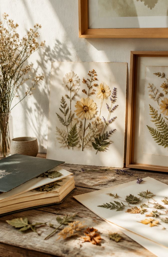 Botanical wall art displaying pressed flowers on a textured background.