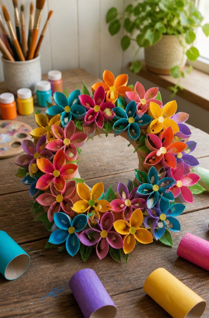 A decorative wreath made from painted cardboard cut into flower petals.