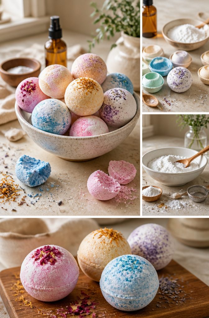 Bath bombs made from baking soda, citric acid, and colorful ingredients.