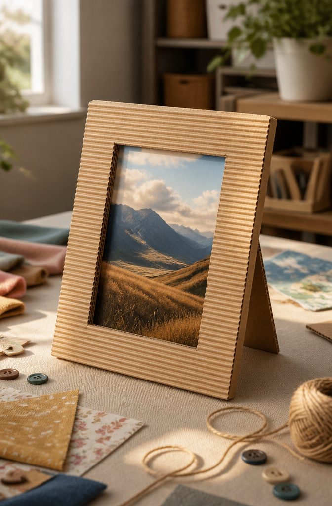 A DIY photo frame made from corrugated cardboard holding a picture.