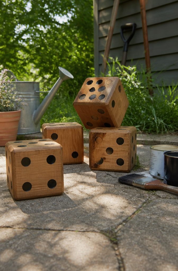 Wooden yard dice made from a 4x4 post with drilled pips.