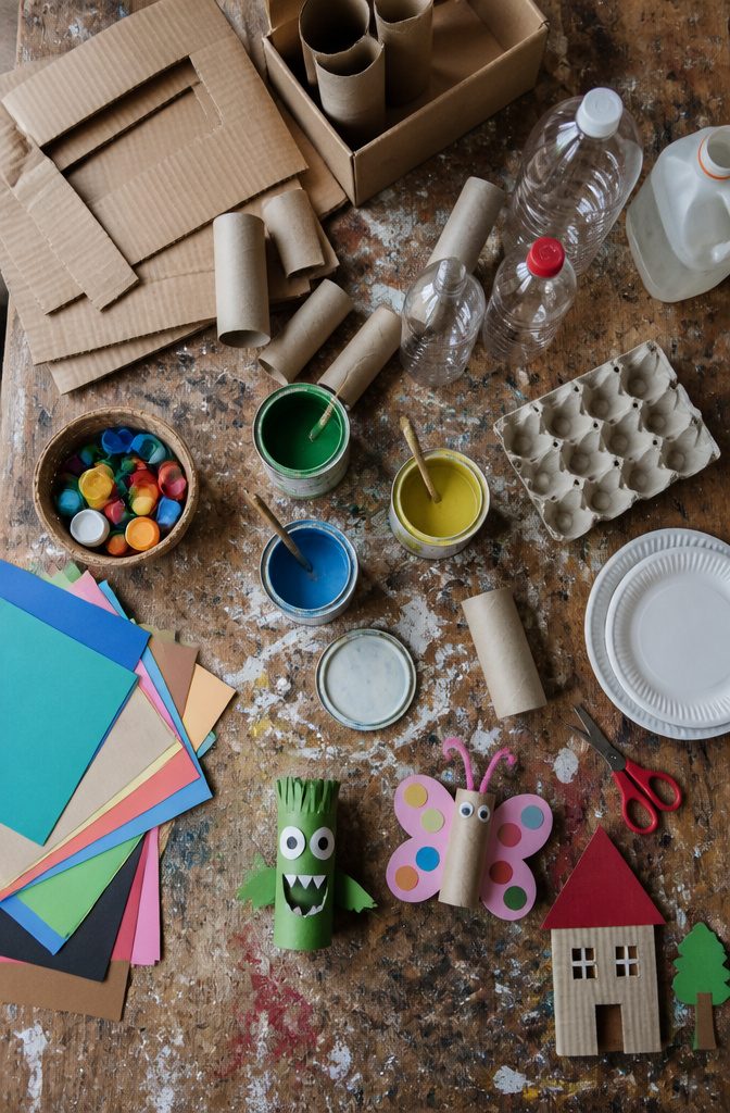 Assorted everyday materials for DIY projects on a crafting table.