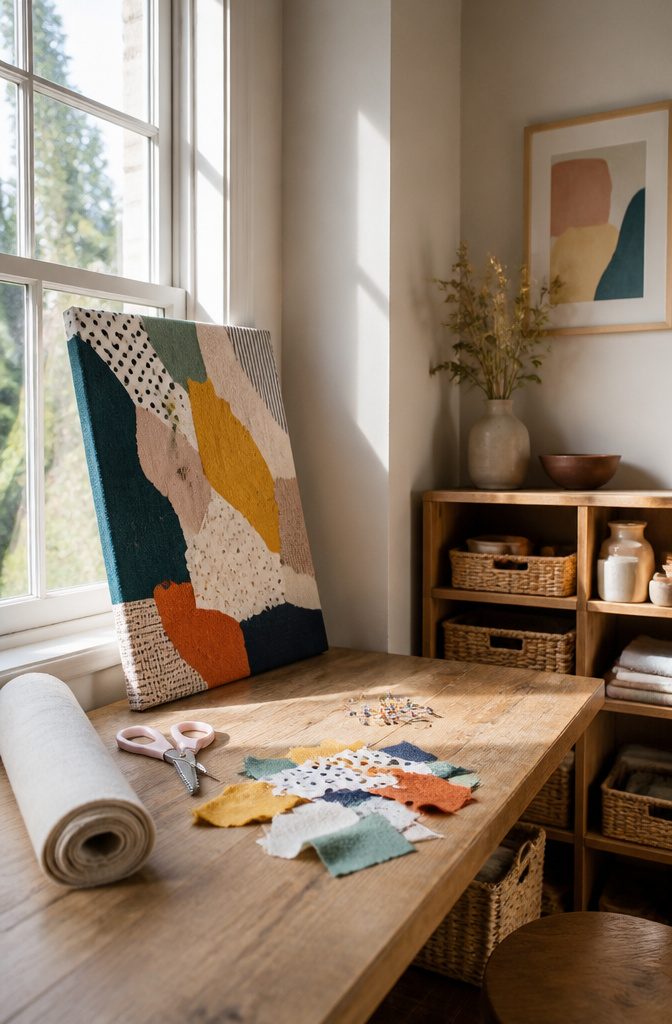 A cork board covered with fabric, ready for use as a noticeboard.