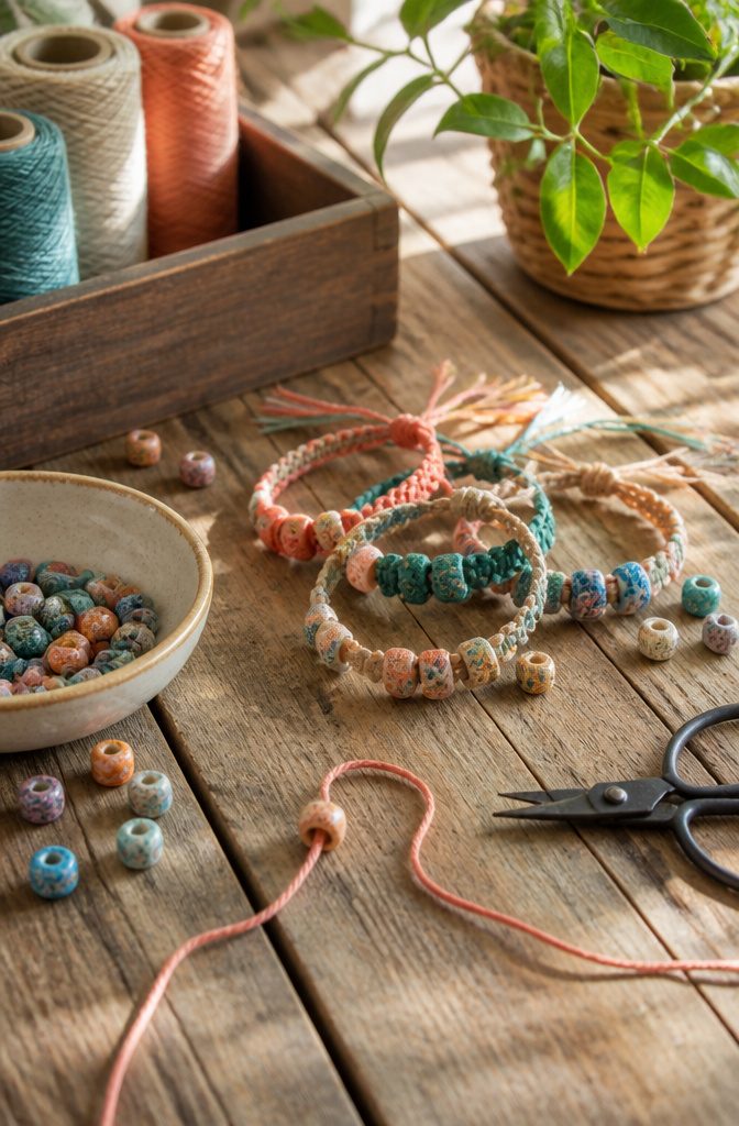 Close-up of colorful friendship bracelets and crafting materials on a surface.