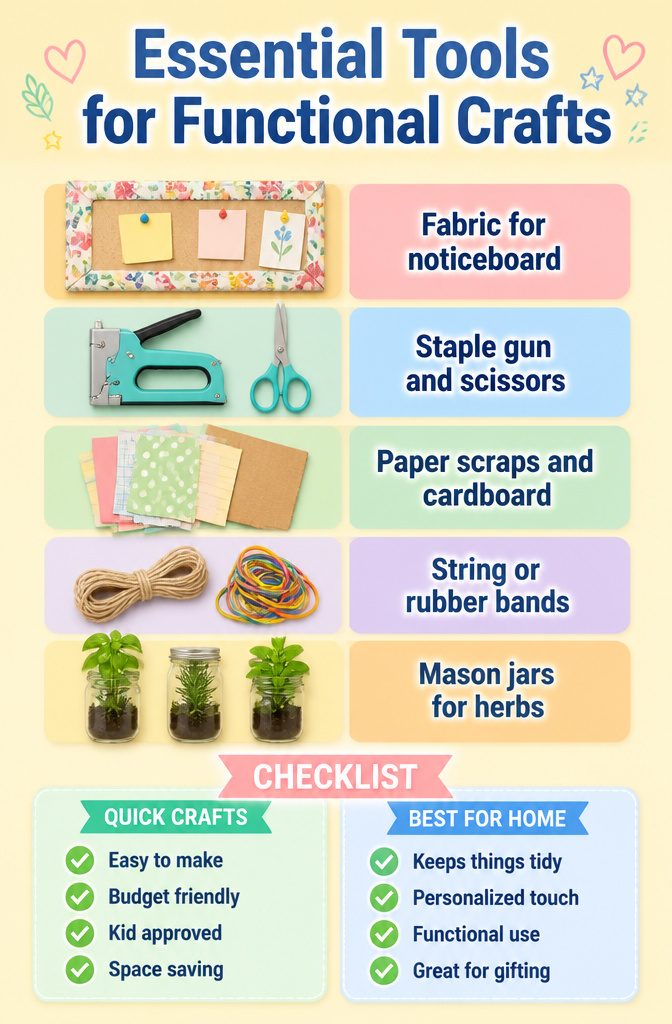 Tools and materials for functional DIY crafts displayed on a table.