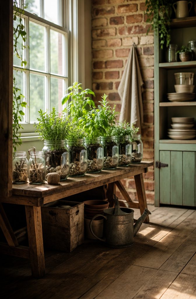 A mason jar filled with herbs and pebbles for drainage.