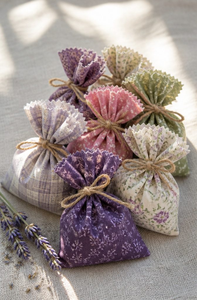 Lavender sachets made from fabric scraps, tied with ribbon.