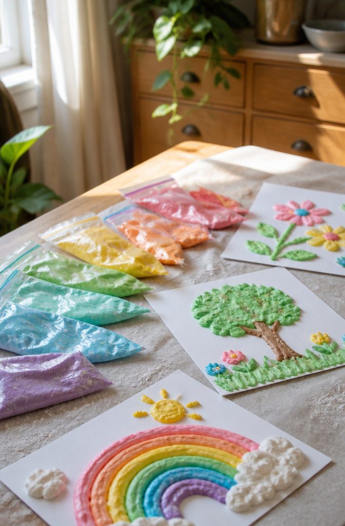 An array of puffy paint made from shaving cream and flour in bags.