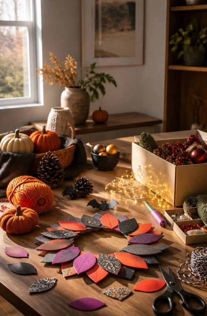 A variety of seasonal craft materials for Halloween and Christmas decorations.