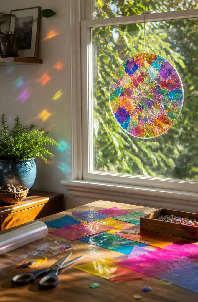 A DIY suncatcher featuring colorful tissue paper and sequins in sunlight.