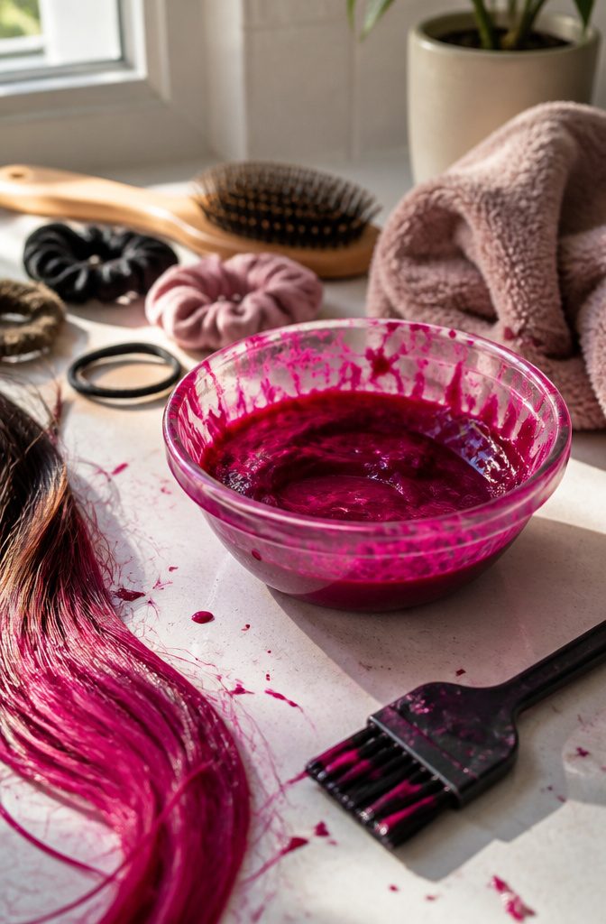 A small bowl of hair gel mixed with food coloring for temporary hair dye.