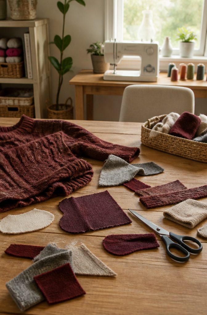 Pieces of an upcycled sweater cut into shapes for crafting.
