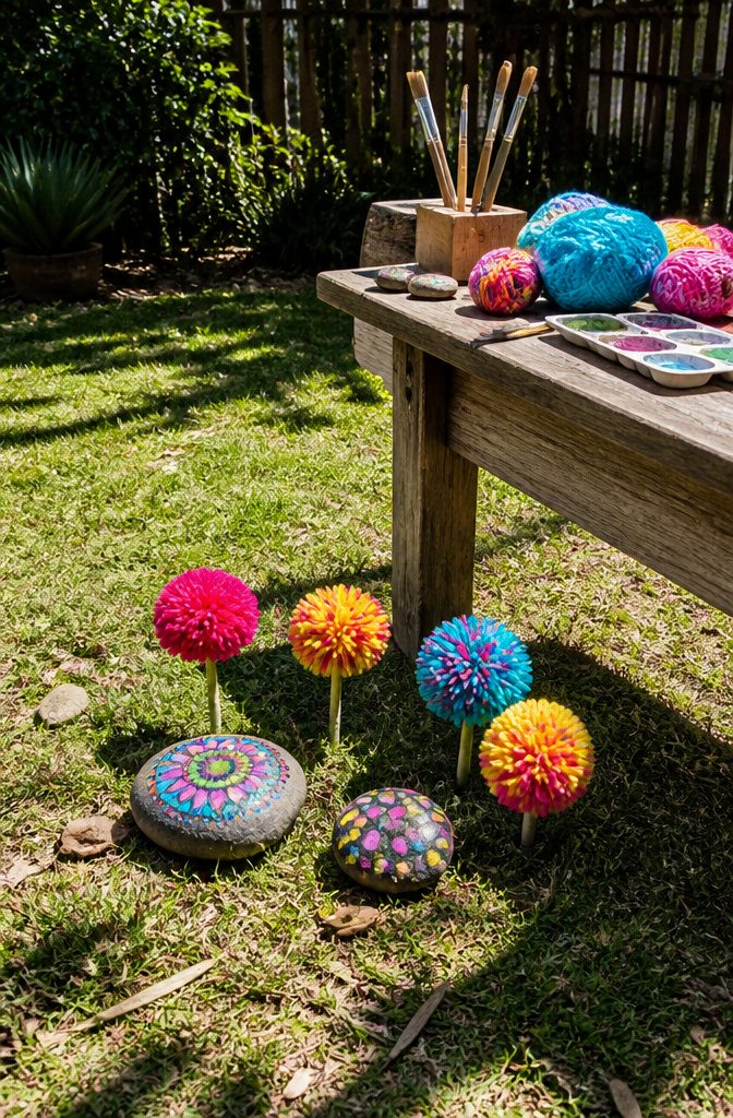 How to Make DIY Homemade Crafts: 16 Easy Project Ideas 19 Painted rocks and pom pom flowers arranged on grass in a backyard.