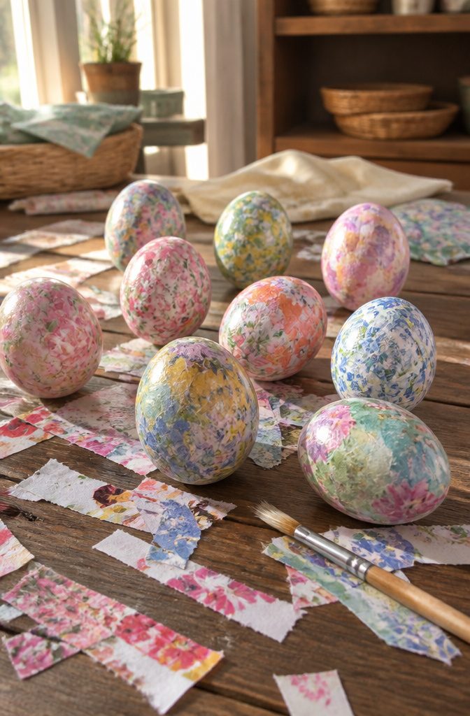 How to Make DIY Homemade Crafts: 16 Easy Project Ideas 16 Easter eggs decorated with various colorful papers and designs.